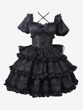 ブラック スイートロリータドレス パフローズ OP ロリータ プリンセスドレス リボン 取り外し可能なトレーン