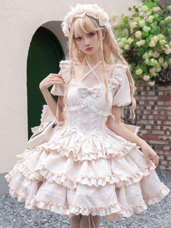 シャンパンカラースイートロリータドレス パフローズ OP ロリータ プリンセスドレス リボン 取り外し可能なトレーン