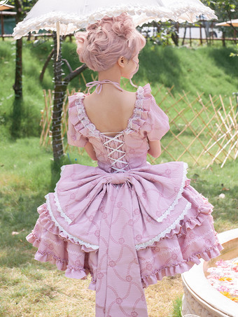 スイートロリータドレス パフローズ OP ロリータ プリンセスドレス リボン 取り外し可能なトレーン