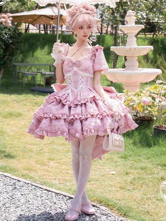 スイートロリータドレス パフローズ OP ロリータ プリンセスドレス リボン 取り外し可能なトレーン