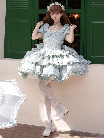 ブルー スイートロリータドレス パフローズ OP ロリータ プリンセスドレス リボン 取り外し可能なトレーン