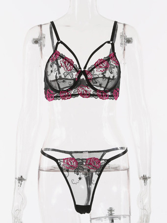 2ピースランジェリー 花柄 シースルー レースアップ ブラック ブラ＆パンティセット