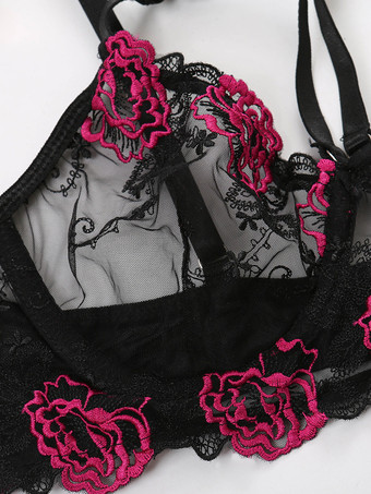 2ピースランジェリー 花柄 シースルー レースアップ ブラック ブラ＆パンティセット