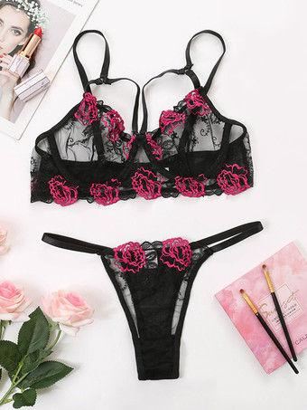 2ピースランジェリー 花柄 シースルー レースアップ ブラック ブラ＆パンティセット