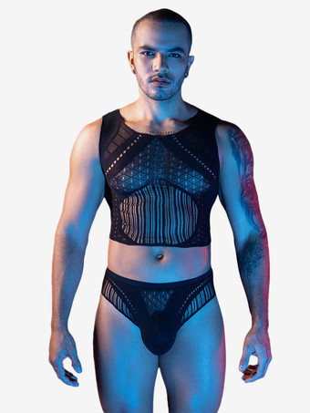 ブラック メンズセクシーコスチューム シースルー ナイトクラブウェアセット