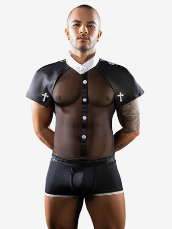 ブラック メンズ プリースト セクシー コスチューム ロールプレイ 楽しい ユニフォーム ショール ナイトクラブウェア セット