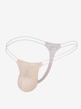 イエローメンズランジェリー下着 セクシーパンティー シアンチェック柄Tバック