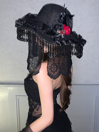 Chapeau gothique Lolita à fleurs en dentelle et accessoires de sorcière rouges et noirs