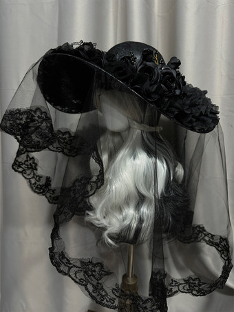 Chapeau gothique Lolita à fleurs noires accessoire voile transparent