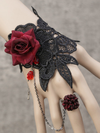 Bracelet gothique rouge et noir Lolita bordeaux en dentelle à fleurs