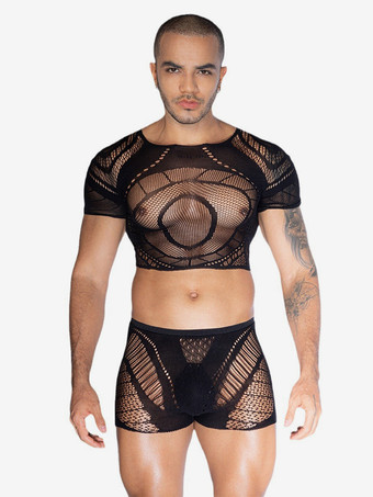 ブラック メンズセクシーコスチューム シースルー ポリエステル ナイトクラブウェアセット