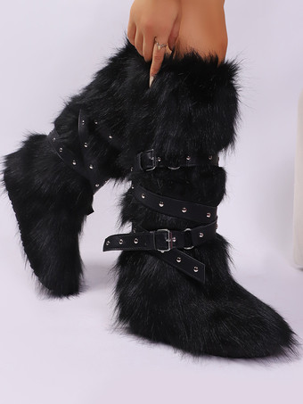 フェイクファーブーツ レディース ラウンドトゥ バックルディテール フラットニーハイブーツ