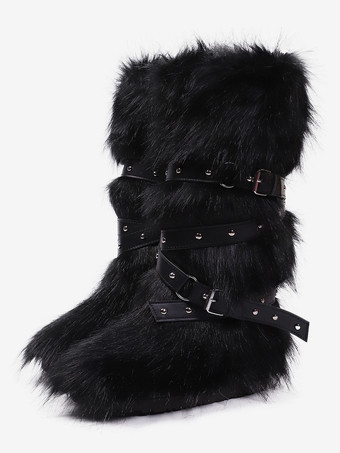 ブラック フェイクファーブーツ レディース ラウンドトゥ バックルディテール フラットニーハイブーツ