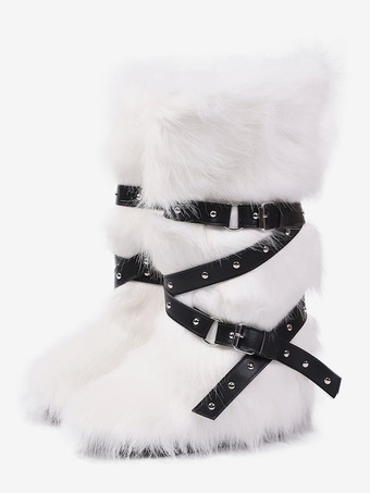 ホワイト フェイクファーブーツ レディース ラウンドトゥ バックルディテール フラットニーハイブーツ