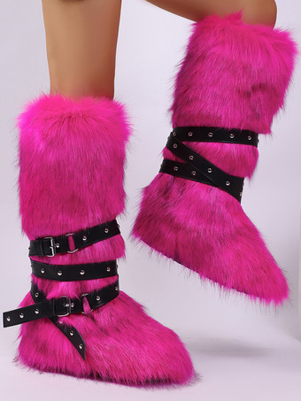 フェイクファーブーツ レディース ラウンドトゥ バックルディテール フラットニーハイブーツ