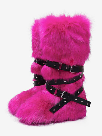 ローズレッドフェイクファーブーツ レディース ラウンドトゥ バックルディテール フラットニーハイブーツ