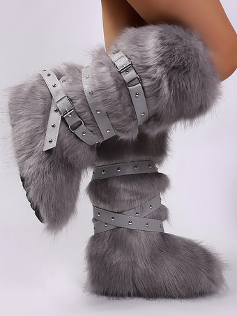 フェイクファーブーツ レディース ラウンドトゥ バックルディテール フラットニーハイブーツ