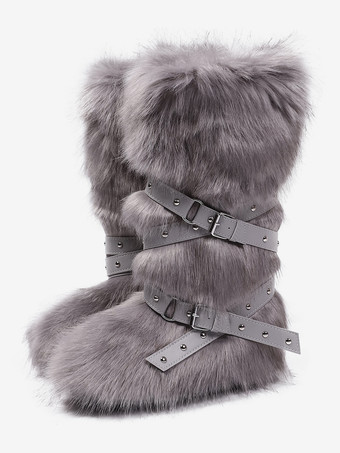 グレイフェイクファーブーツ レディース ラウンドトゥ バックルディテール フラットニーハイブーツ