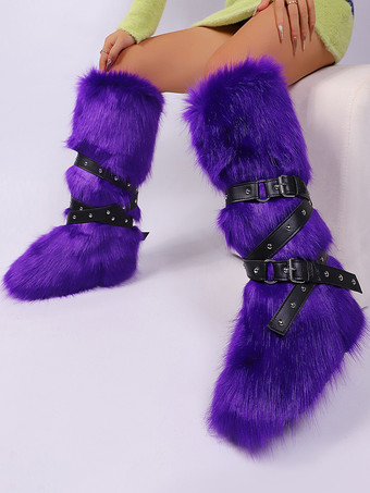 フェイクファーブーツ レディース ラウンドトゥ バックルディテール フラットニーハイブーツ