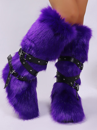 フェイクファーブーツ レディース ラウンドトゥ バックルディテール フラットニーハイブーツ