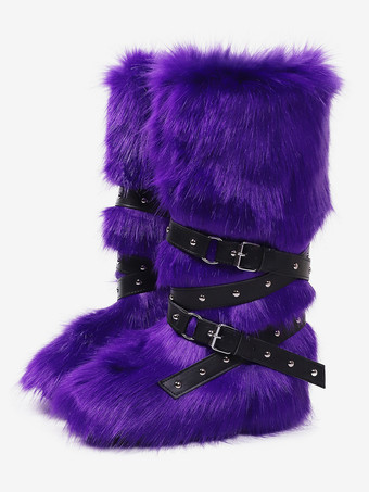 モーブ フェイクファーブーツ レディース ラウンドトゥ バックルディテール フラットニーハイブーツ