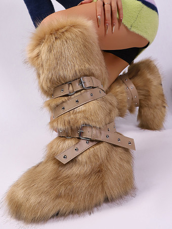 フェイクファーブーツ レディース ラウンドトゥ バックルディテール フラットニーハイブーツ