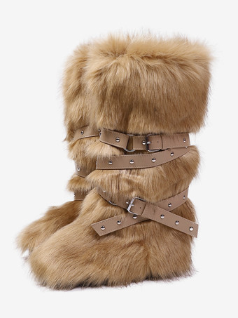 ライトブラウンフェイクファーブーツ レディース ラウンドトゥ バックルディテール フラットニーハイブーツ