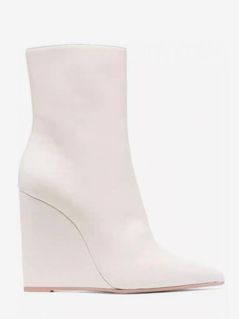 ホワイト レディース ブラック ウェッジブーツ ポインテッドトゥ ジップアップ アンクルブーツ