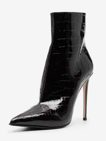 ブラック ブラックのアンクルブーツ、ポインテッドトゥ、ストーン柄、ハイヒールブーティ、ドレスブーツ