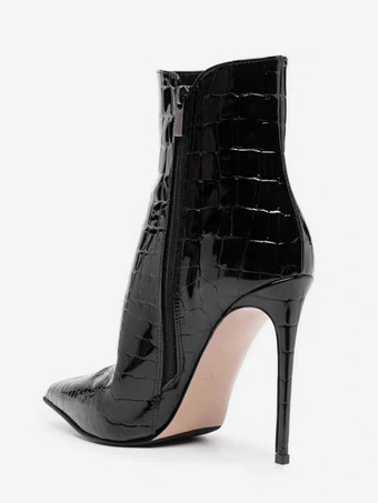 ブラックのアンクルブーツ、ポインテッドトゥ、ストーン柄、ハイヒールブーティ、ドレスブーツ