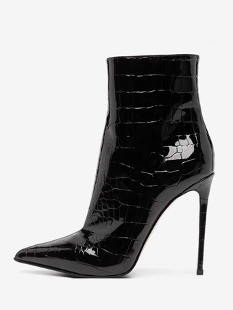 ブラックのアンクルブーツ、ポインテッドトゥ、ストーン柄、ハイヒールブーティ、ドレスブーツ