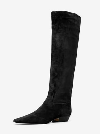 ブラック レディースフラットブーツ スエードスクエアトゥニーハイブーツ