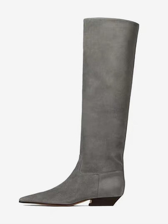 ライトグレー レディースフラットブーツ スエードスクエアトゥニーハイブーツ