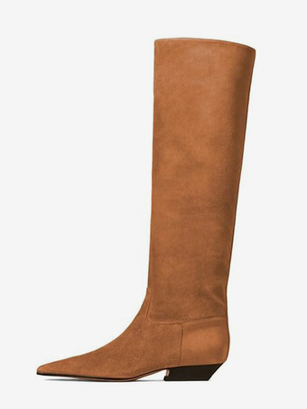 ブラウン レディースフラットブーツ スエードスクエアトゥニーハイブーツ