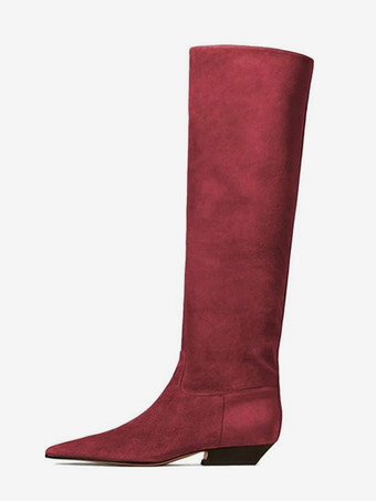 ダークレッドレディースフラットブーツ スエードスクエアトゥニーハイブーツ