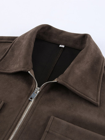 ブラウンスエード クロップド丈 ジップアップジャケット（ポケット付き、レディース 2025年）