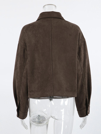 ブラウンスエード クロップド丈 ジップアップジャケット（ポケット付き、レディース 2025年）