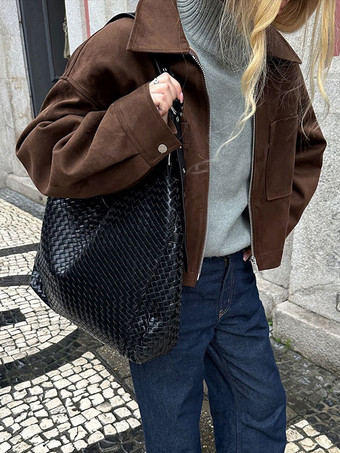 ブラウンスエード クロップド丈 ジップアップジャケット（ポケット付き、レディース 2025年）