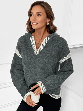 ダークグレー カレッジスタイルニットパーカープルオーバー（Vネック、レディース）2025