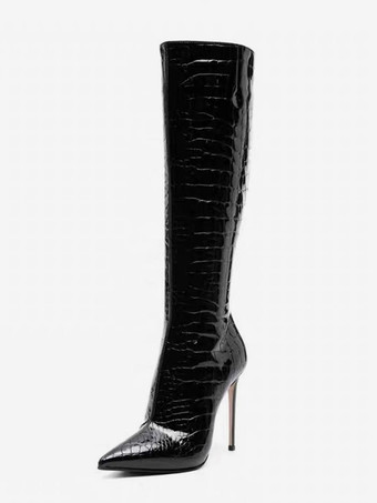 ブラック ブラックニーハイブーツ ストーン柄 ポインテッドトゥ ハイヒールブーツ