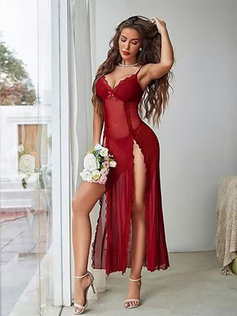 ワインレッド ロングナイトガウン ブラック フロントスリット ハイスリット ポリエステル セクシーランジェリー Tバック付き