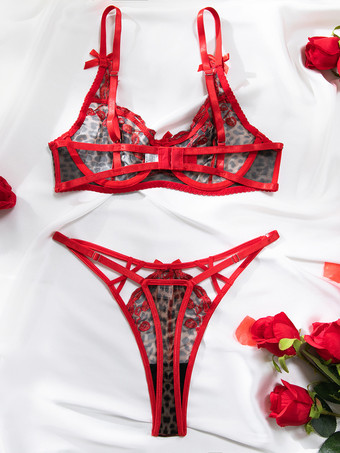 2ピースランジェリー シースルーレッド ヒョウ柄 ブラ＆パンティセット