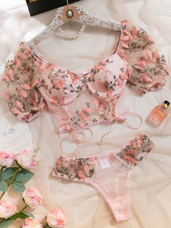 2ピースランジェリー 花柄レース シアー レースアップ ホワイト ブラ ショーツ セット