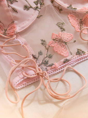 2ピースランジェリー 花柄レース シアー レースアップ ホワイト ブラ ショーツ セット