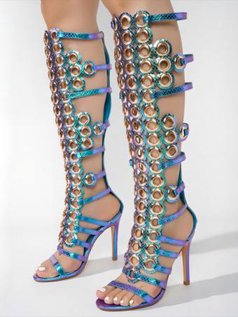 ブルーグラディエーターサンダル レディース オープントゥ ストラップ カットアウト ハイヒールサンダル