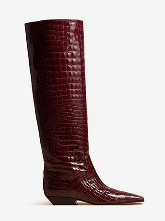 ブラックニーハイブーツ レディース ストーン柄 スクエアトゥ フラットブーツ