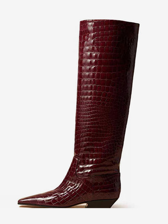 バーガンディーブラックニーハイブーツ レディース ストーン柄 スクエアトゥ フラットブーツ