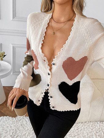 ハート柄カラーブロックVネックカーディガン（レディース）2025