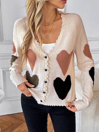 ハート柄カラーブロックVネックカーディガン（レディース）2025