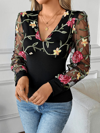 レディース向け花柄刺繍Vネック長袖ブラウス 2025